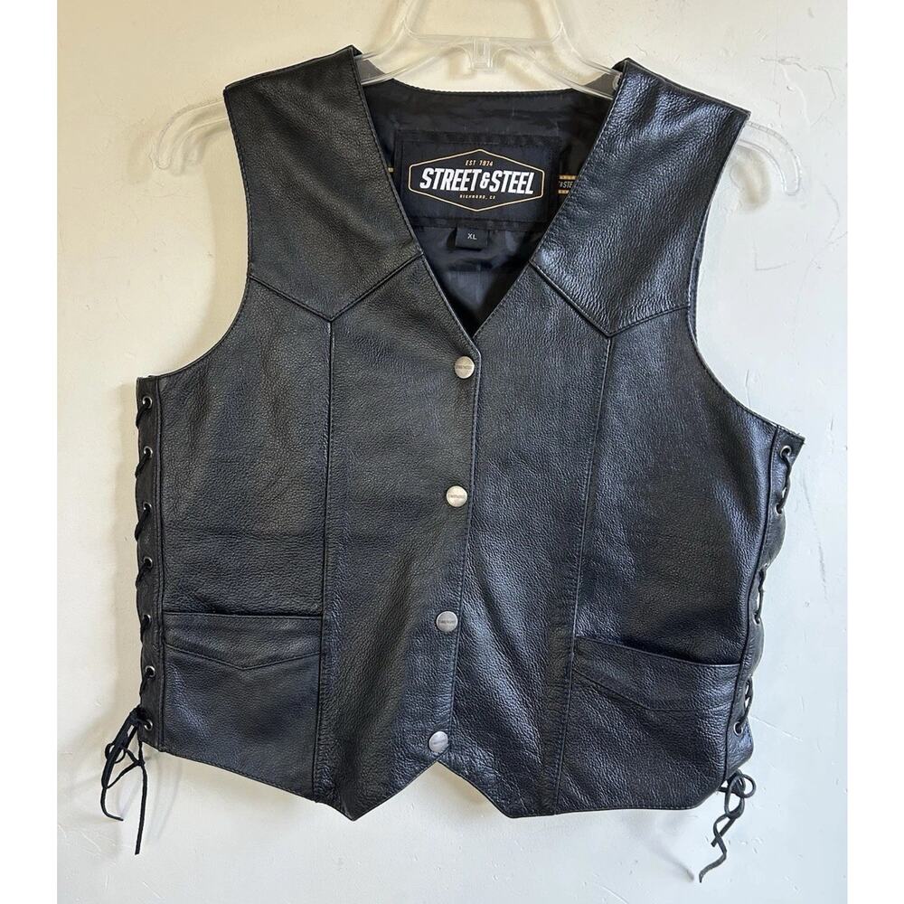 Street & Steel Womens XL Genuine Leather Motorcycle Biker Vest Lace Up